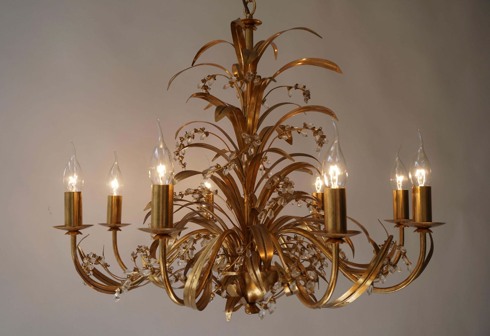 2422.0 Italian Gilt Tole And Crystal Palm Frond Chandelier photo
