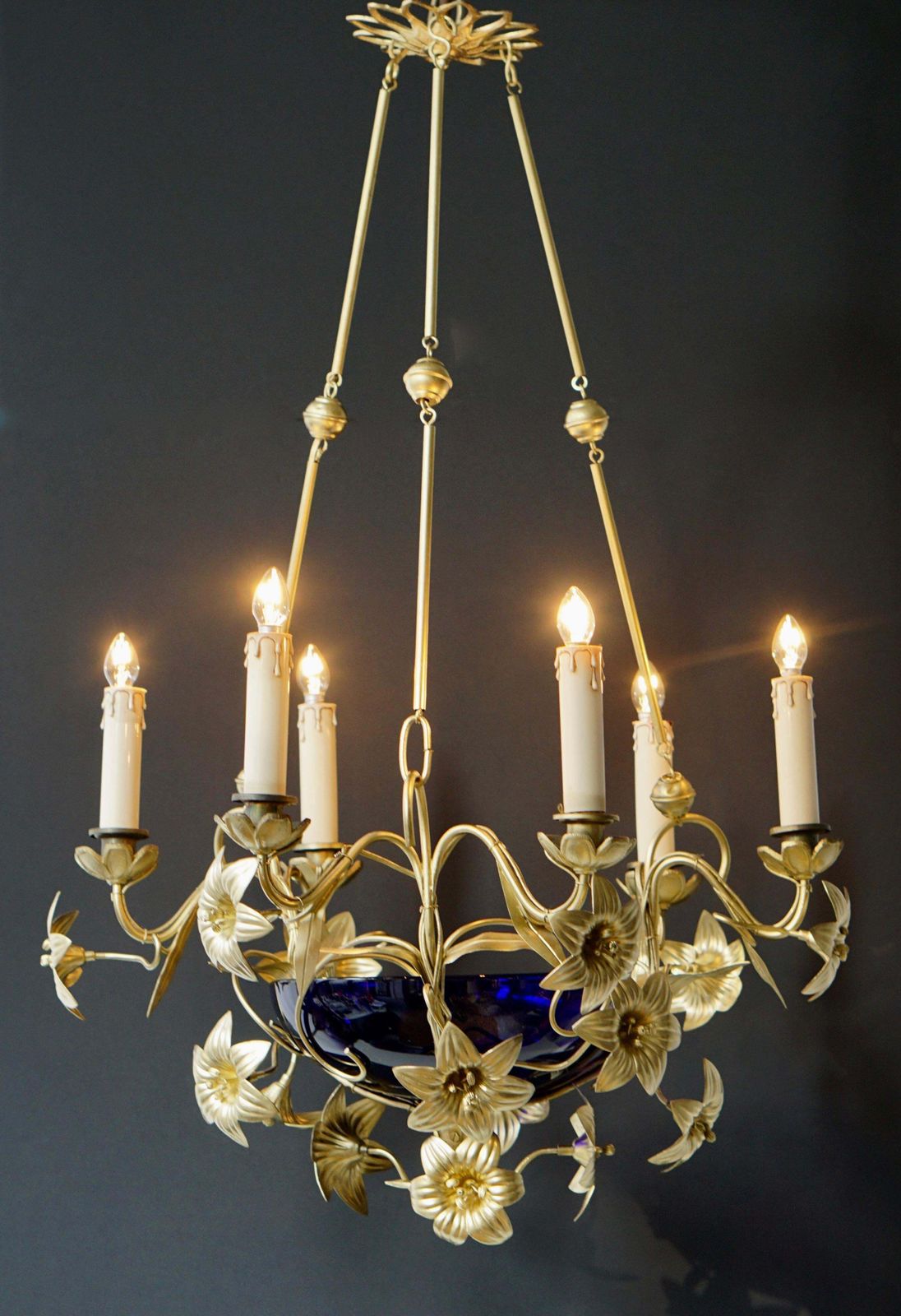 Italian Brass Chandelier With Lilies And Cranberry Glass photo Lighting