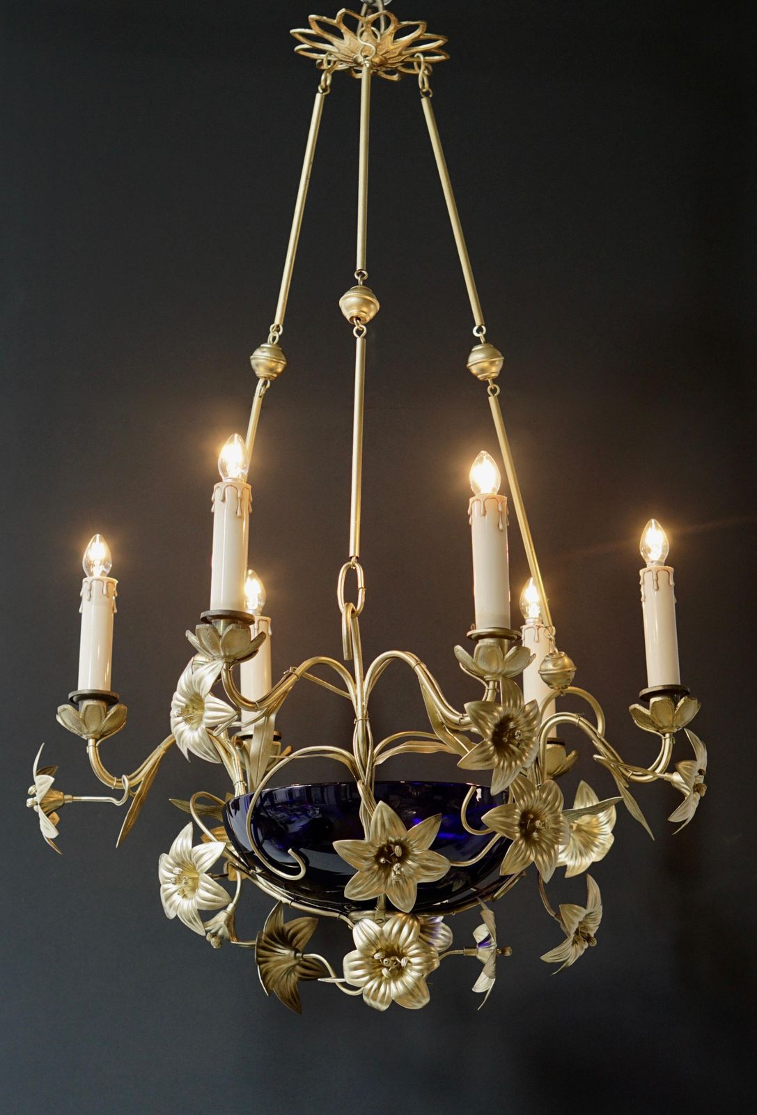 Italian Brass Chandelier With Lilies And Cranberry Glass photo vintage