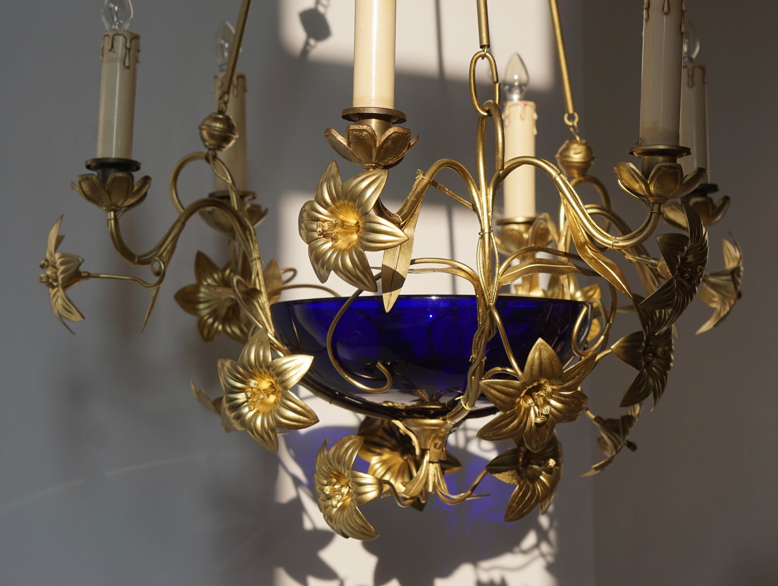 Lighting Italian Brass Chandelier With Lilies And Cranberry Glass photo