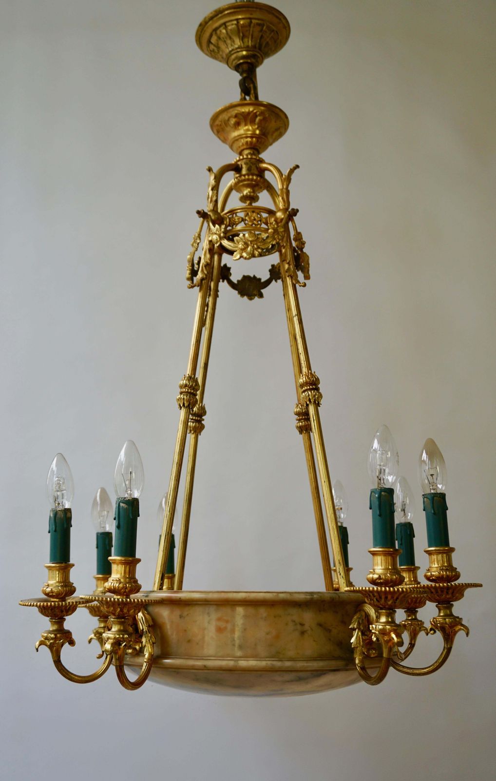 2422.0 Rare Early French 20th Century Art Deco Bronze And Alabaster Chandelier photo
