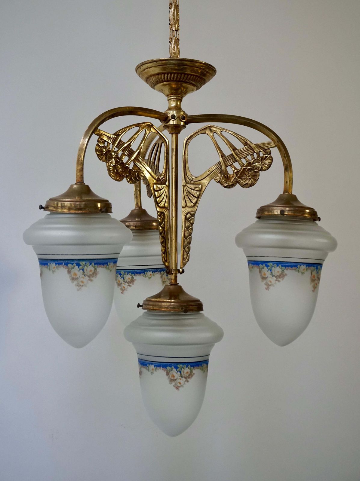 Art Nouveau Chandelier In Painted Glass And Brass photo Lighting