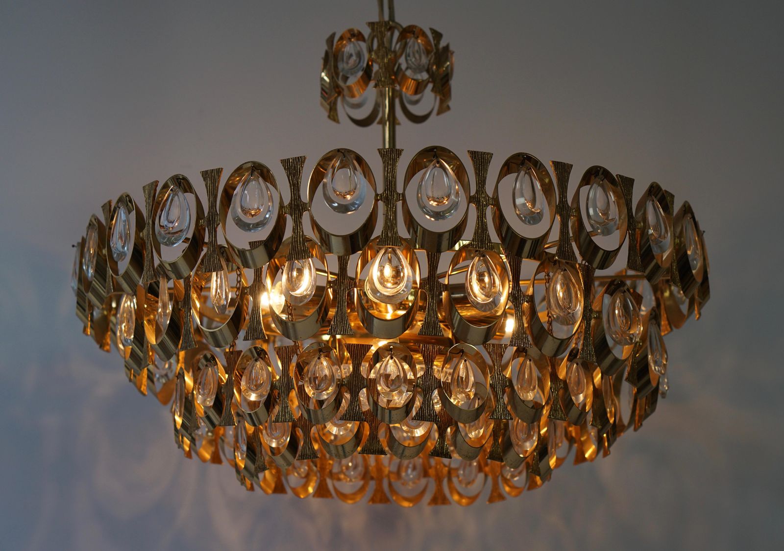Lighting 1960s Palwa Six Light Crystal Glass And Gilt Brass Chandelier By Palwa photo