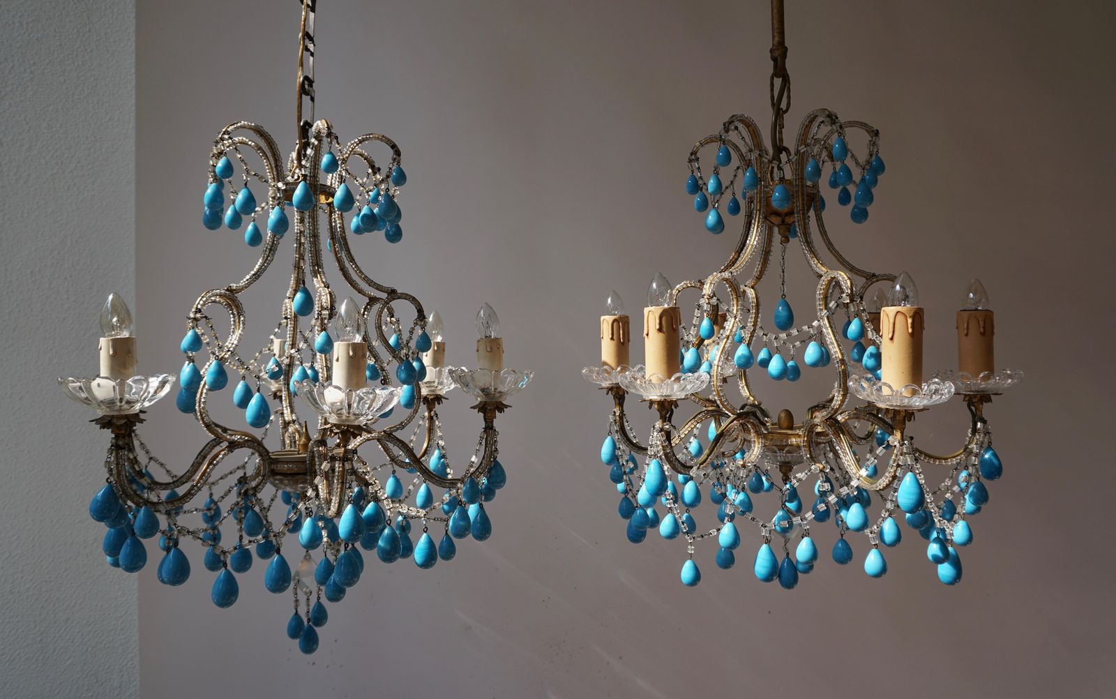 Pair Of Elegant Italian Chandeliers With Turquoise Stone photo buy