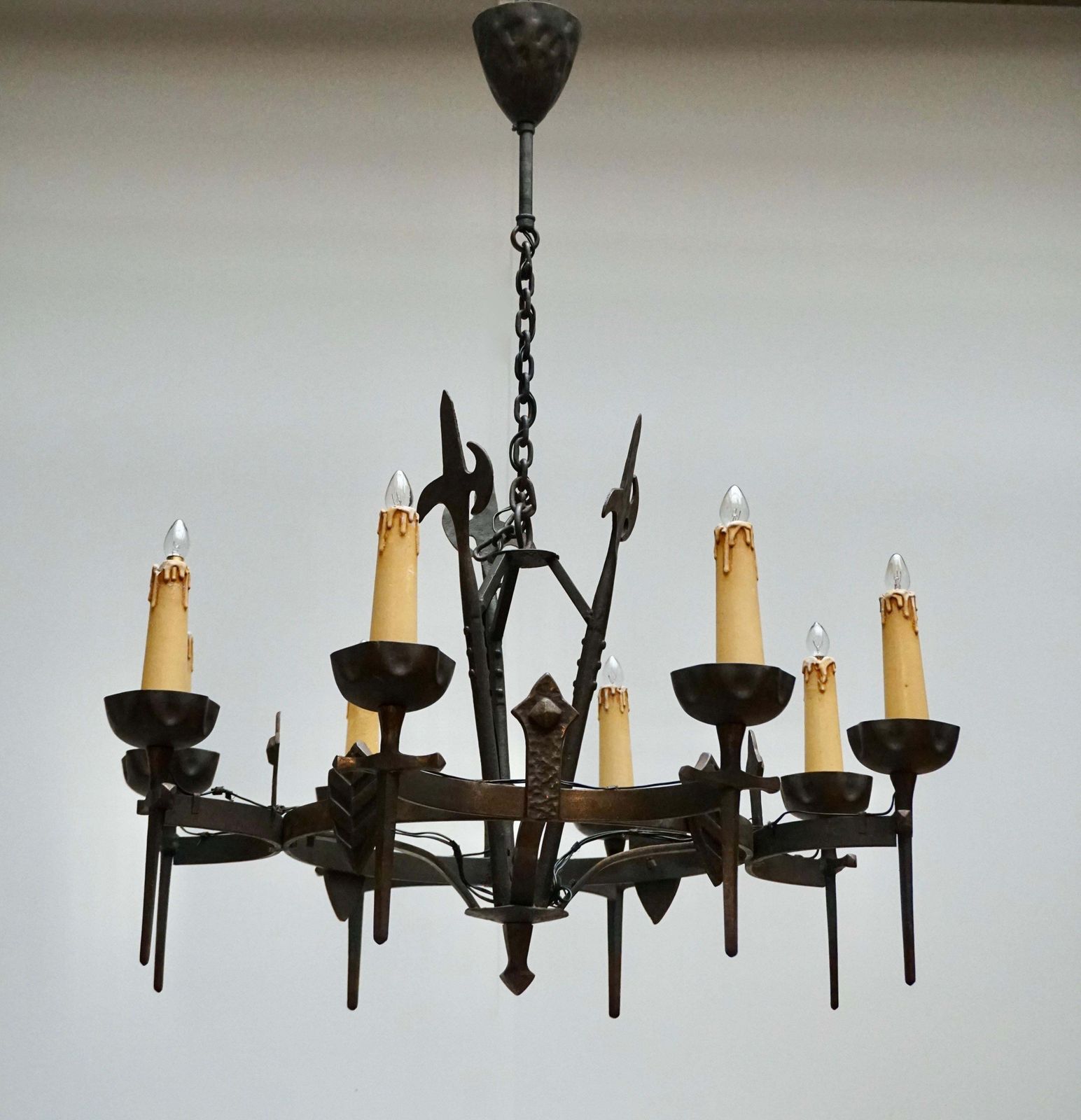 French Wrought Iron Gothic Hollywood Regency Tole Chandelier photo for sale