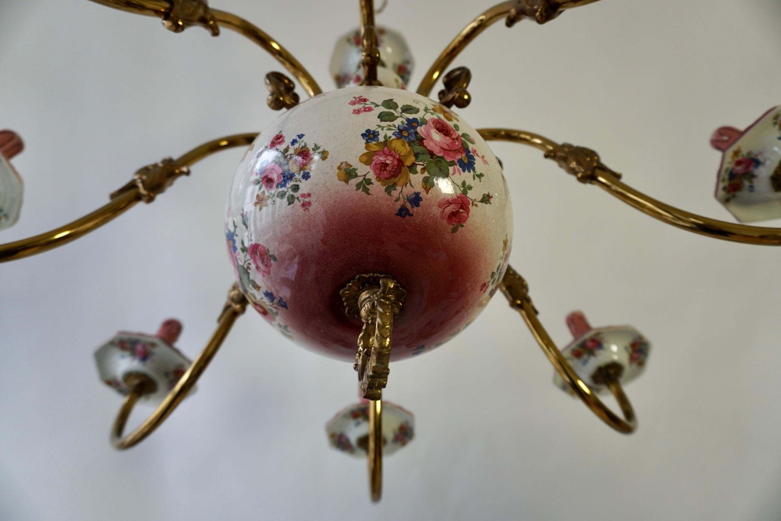 photo for sale Glorious Large Delft Chandelier In Brass And Porcelain Flowers