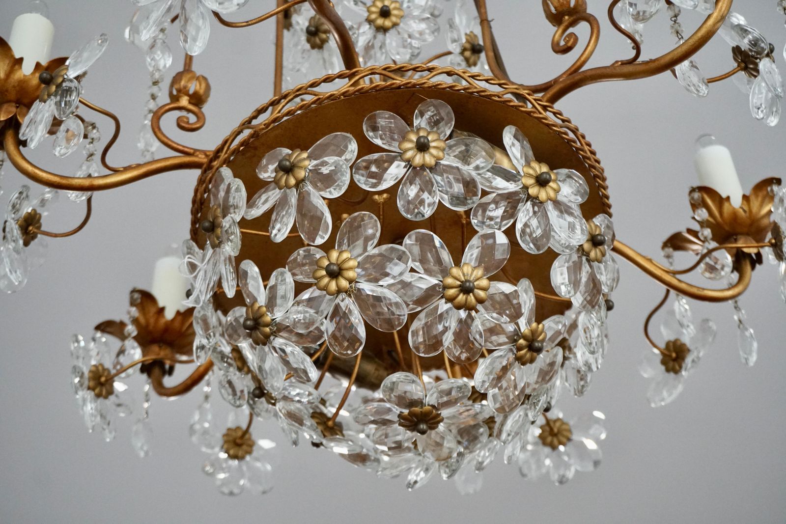 Italian Brass Gilt Chandelier With Glass Flowers photo vintage