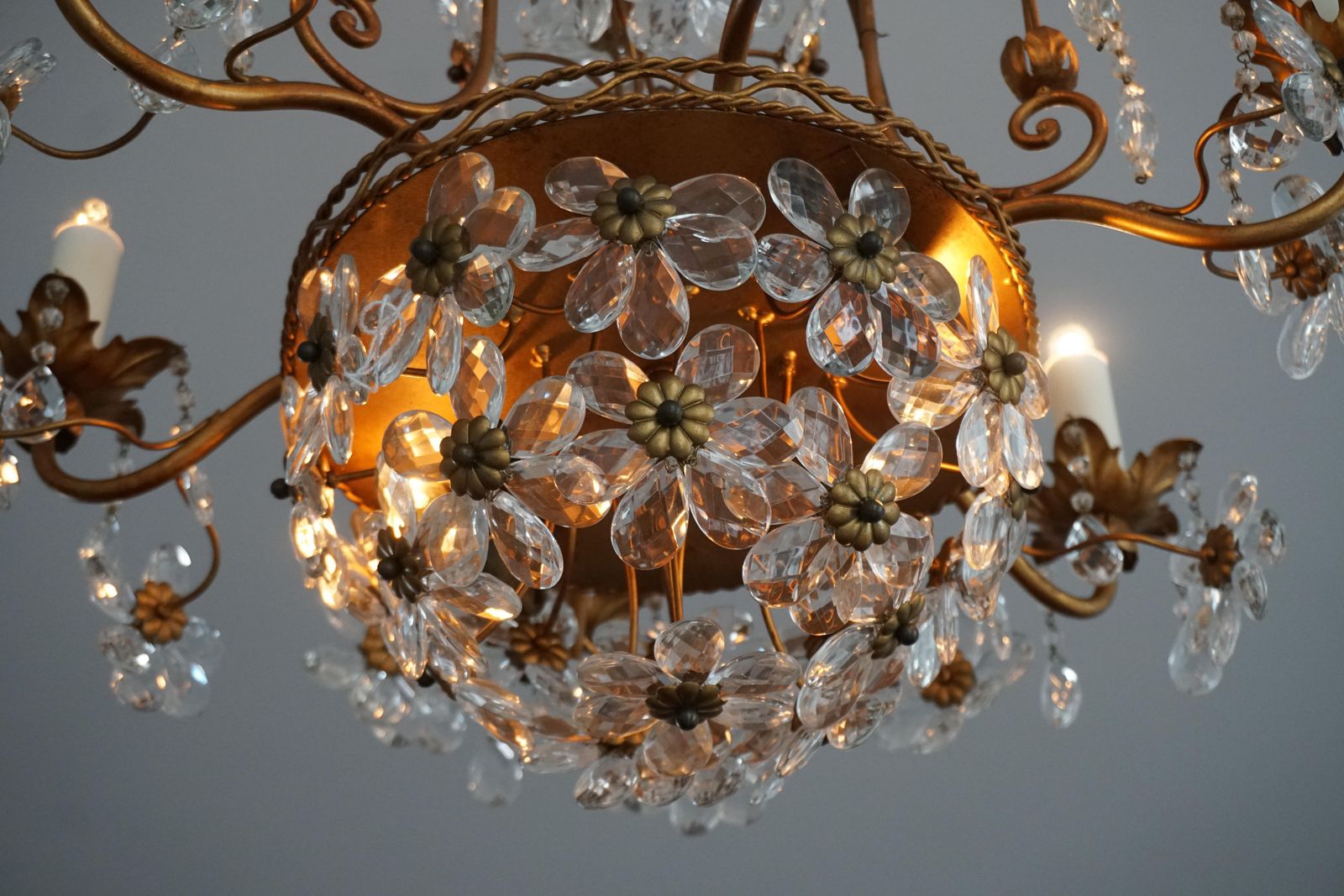 photo furniture Italian Brass Gilt Chandelier With Glass Flowers