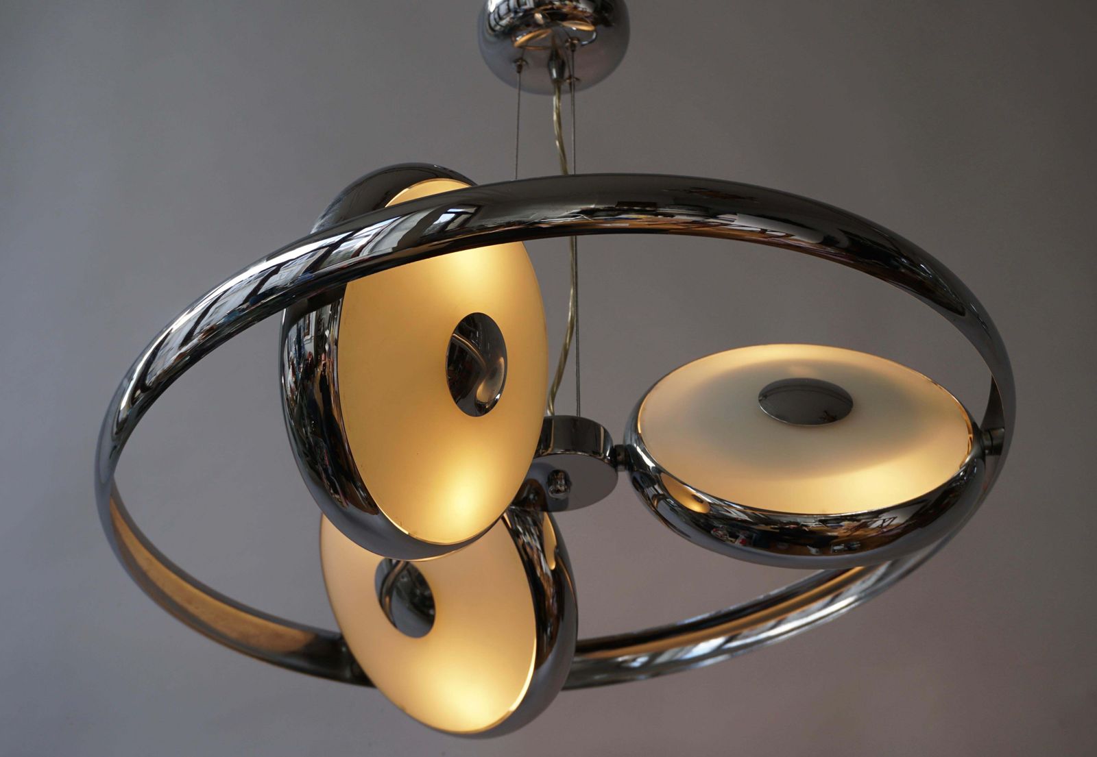 One Off Three Adjustable Italian Glass And Chrome Ufo Chandeliers photo Lighting