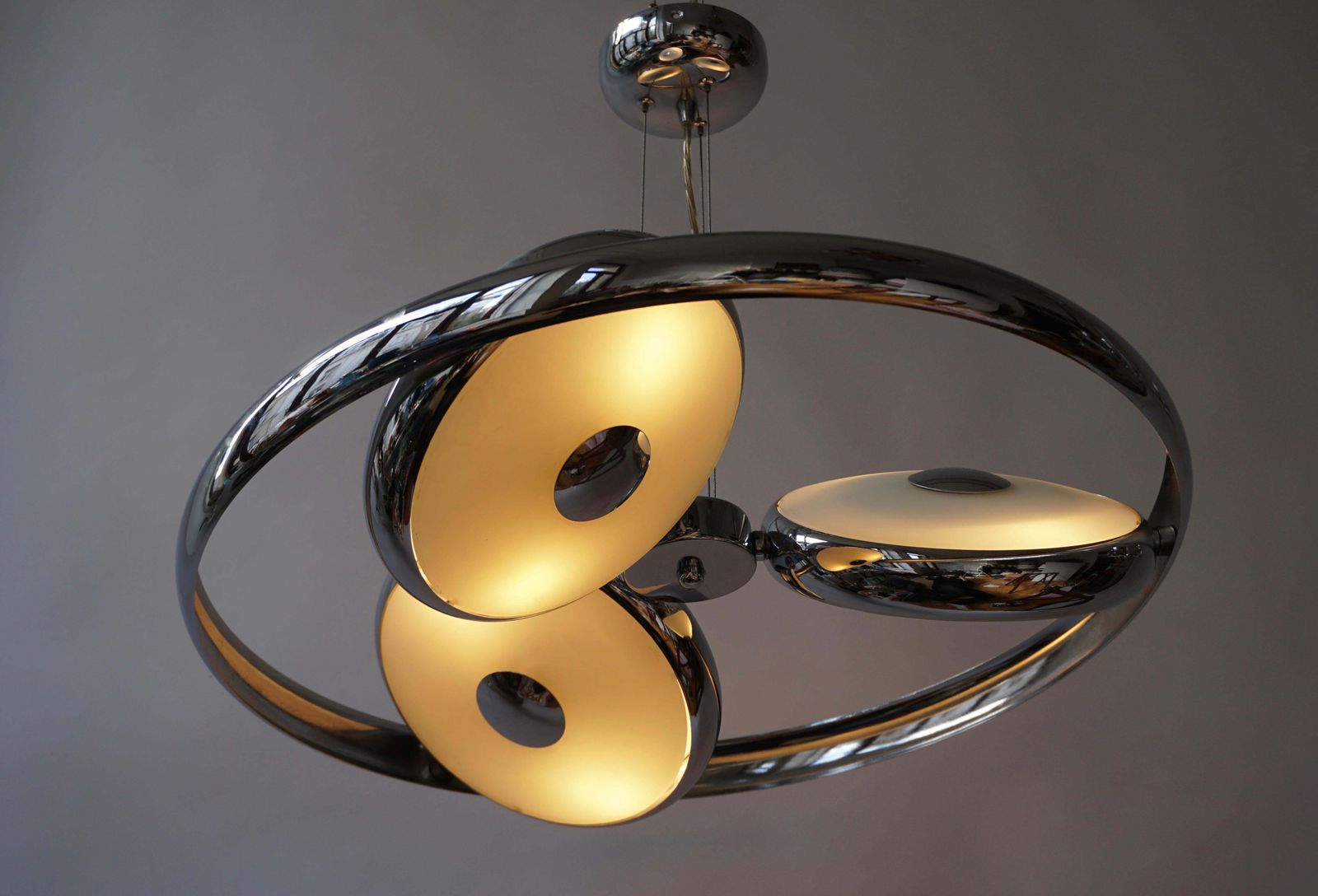 One Off Three Adjustable Italian Glass And Chrome Ufo Chandeliers photo vintage