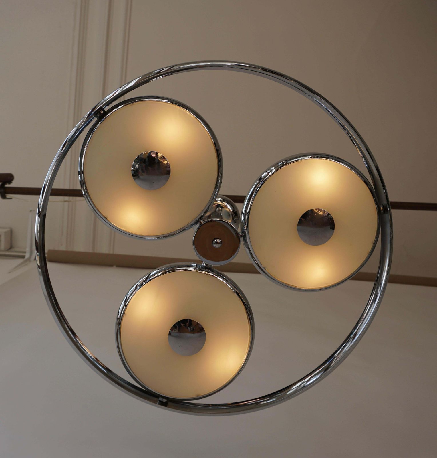 Lighting One Off Three Adjustable Italian Glass And Chrome Ufo Chandeliers photo
