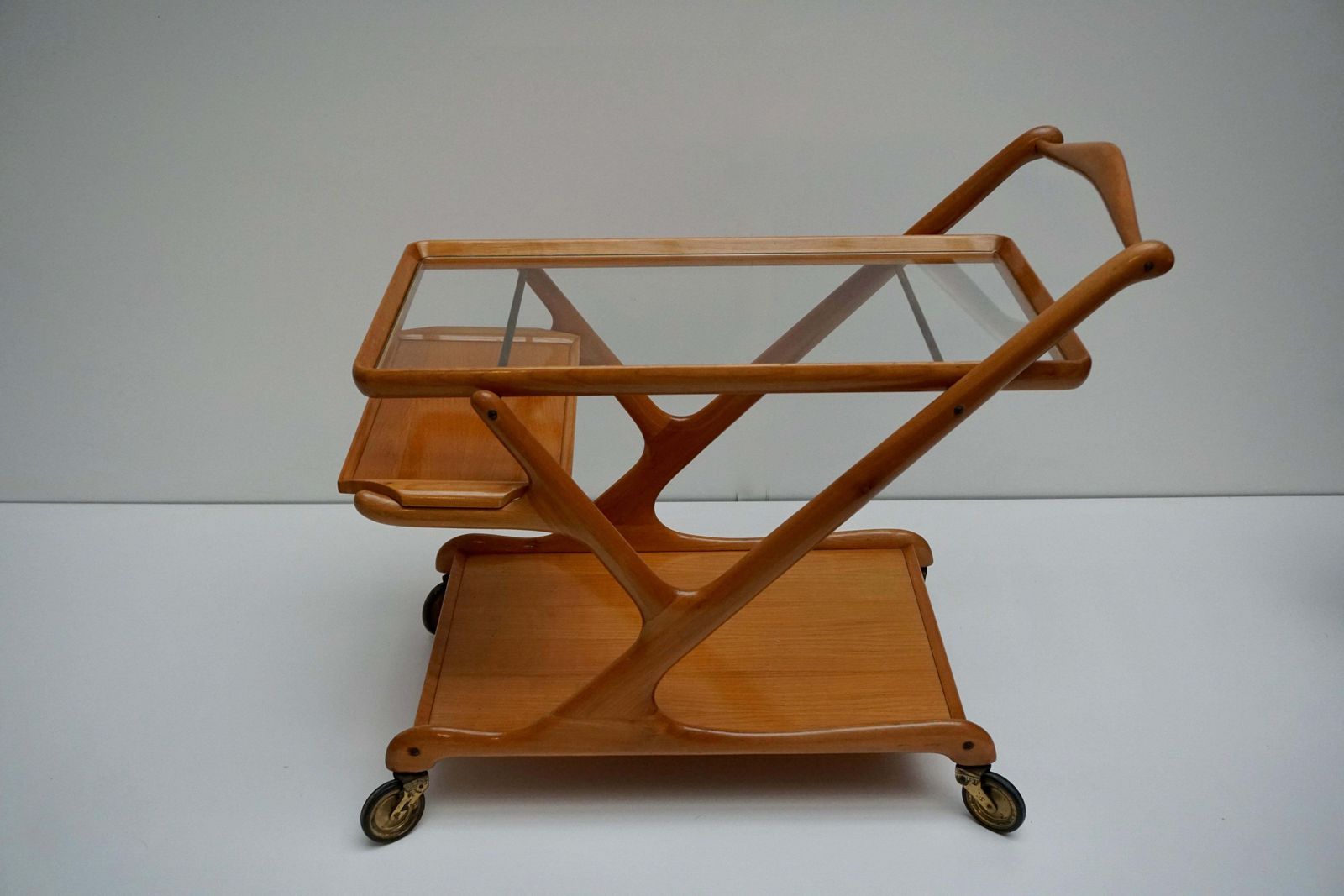 photo furniture Elegant Wooden Bar Cart Serving Trolley, Italy, 1950s