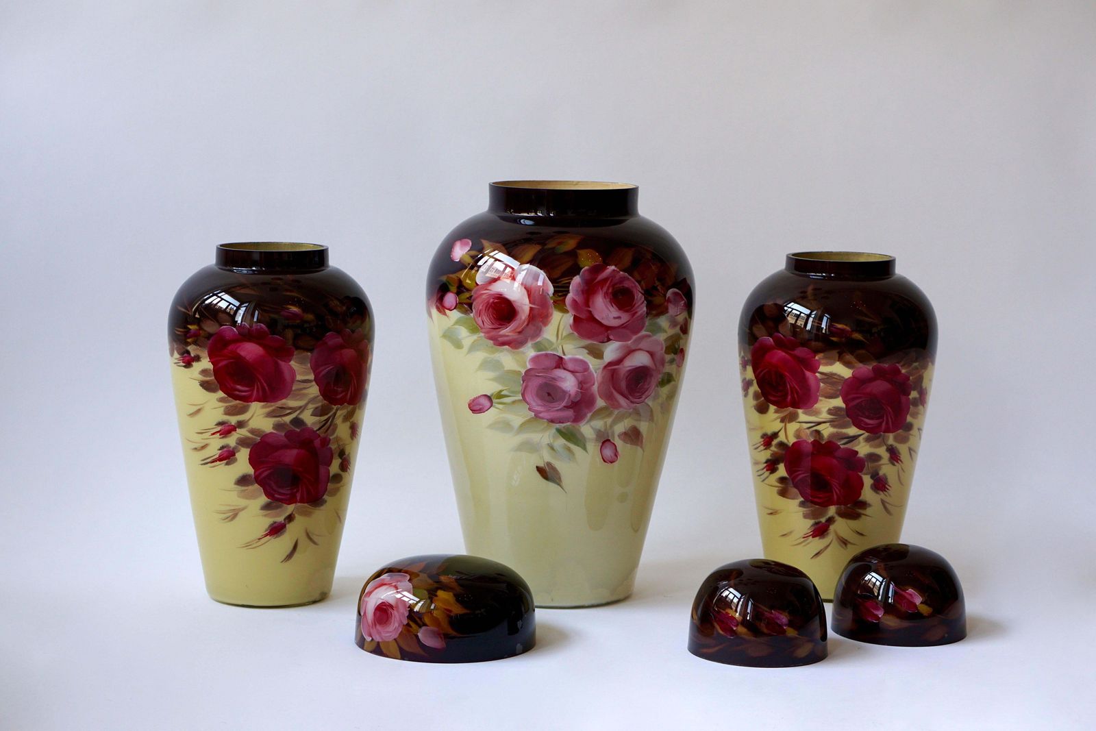 photo for sale Set Of Three Floral Glass Art Deco Vases