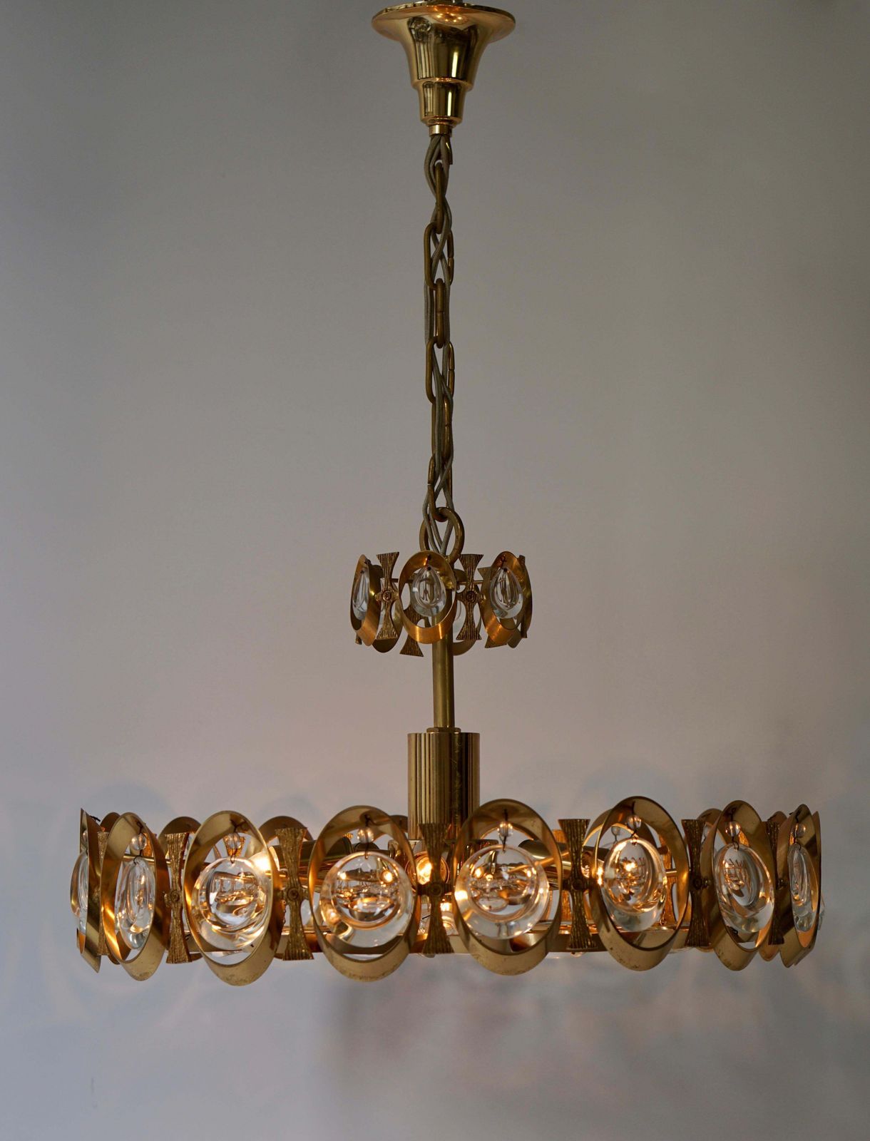 Palwa Chandelier Or Pendant Light, Gilt Brass And Crystal Glass, 1970 photo for sale