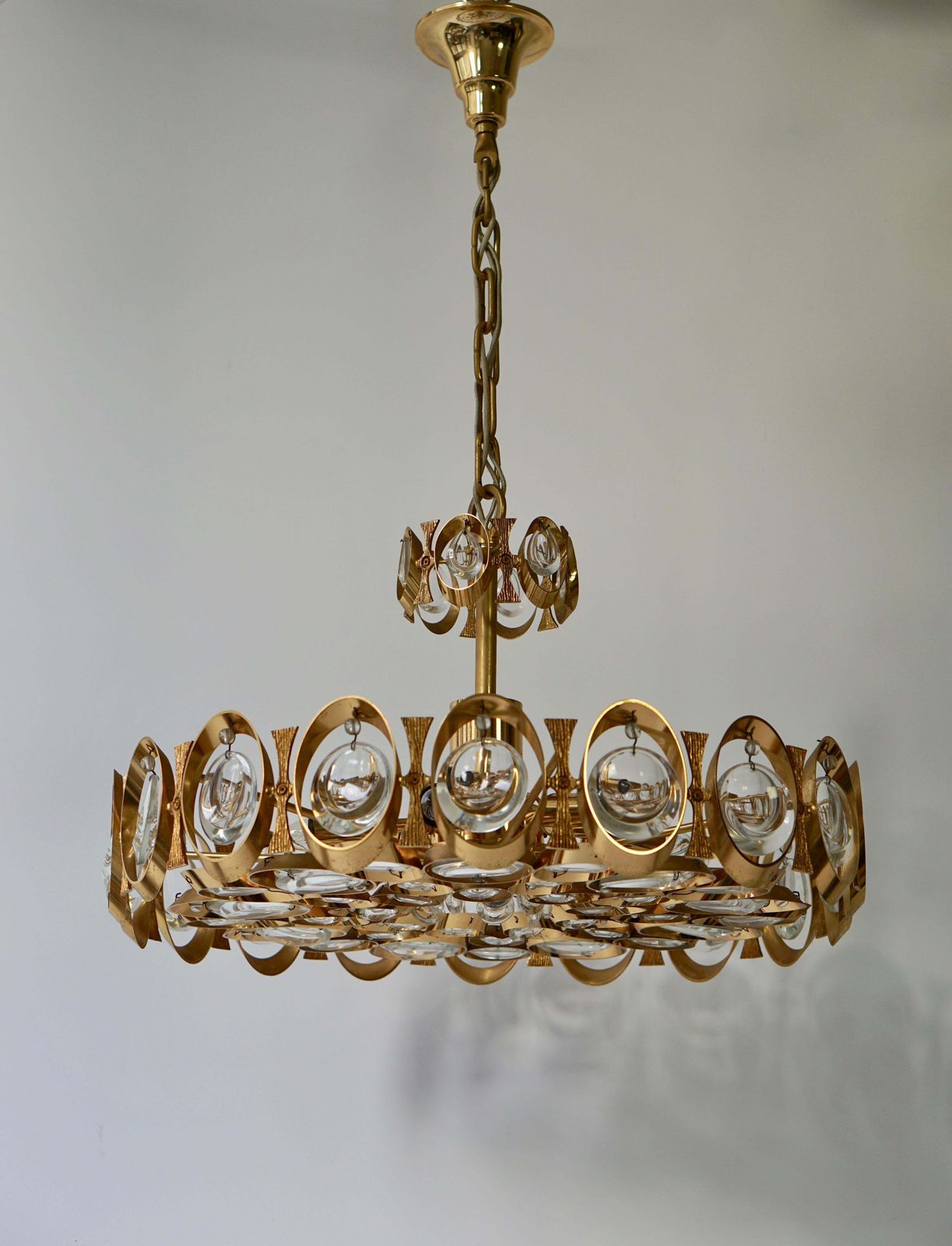 photo furniture Palwa Chandelier Or Pendant Light, Gilt Brass And Crystal Glass, 1970