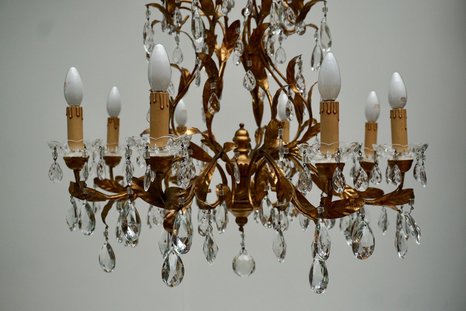 Gilded Brass Eight Light Chandelier With Leaves And Crystal photo buy