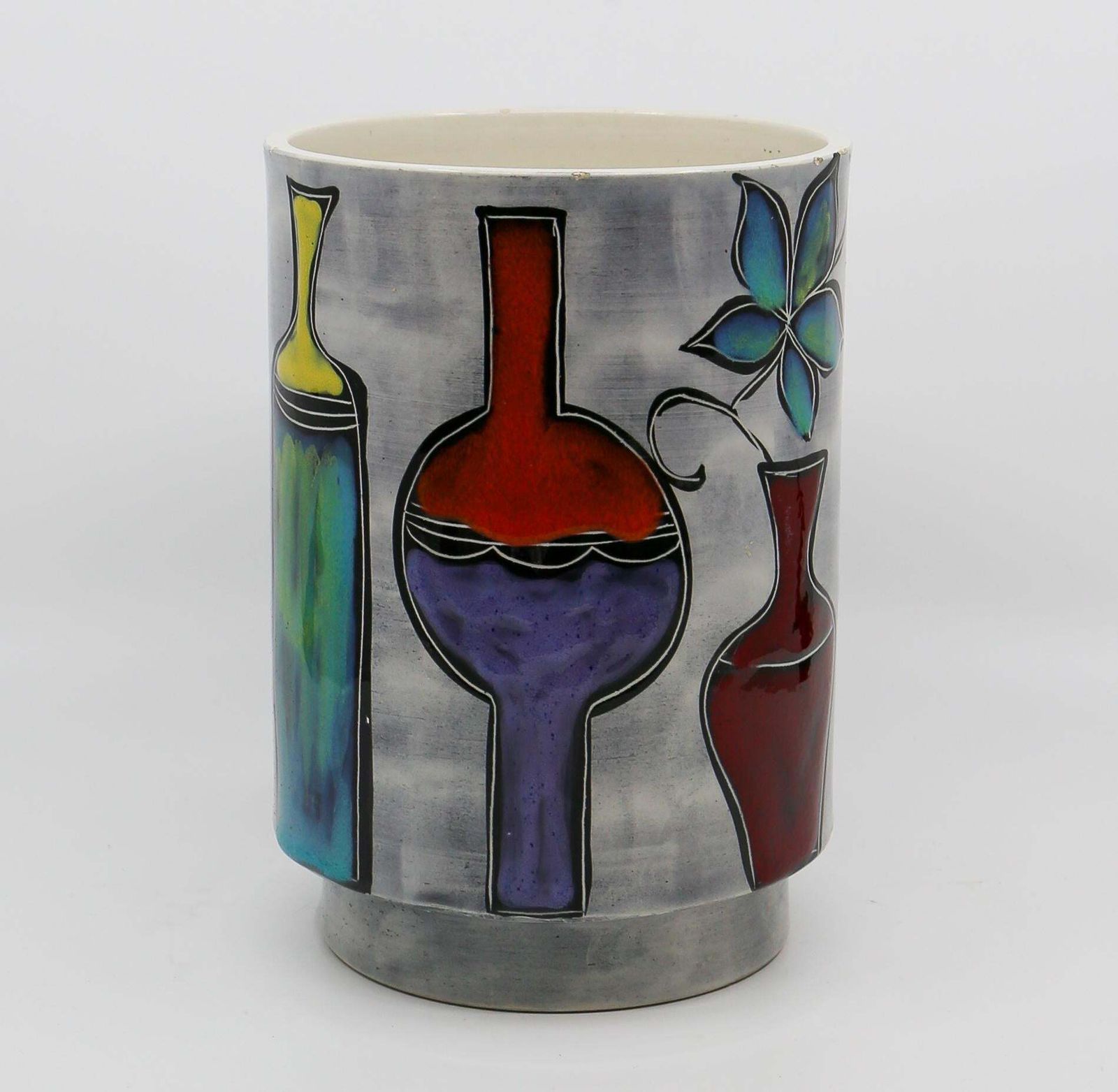 Italian Ceramic Round Vase With Bottle And Floral Motifs photo buy