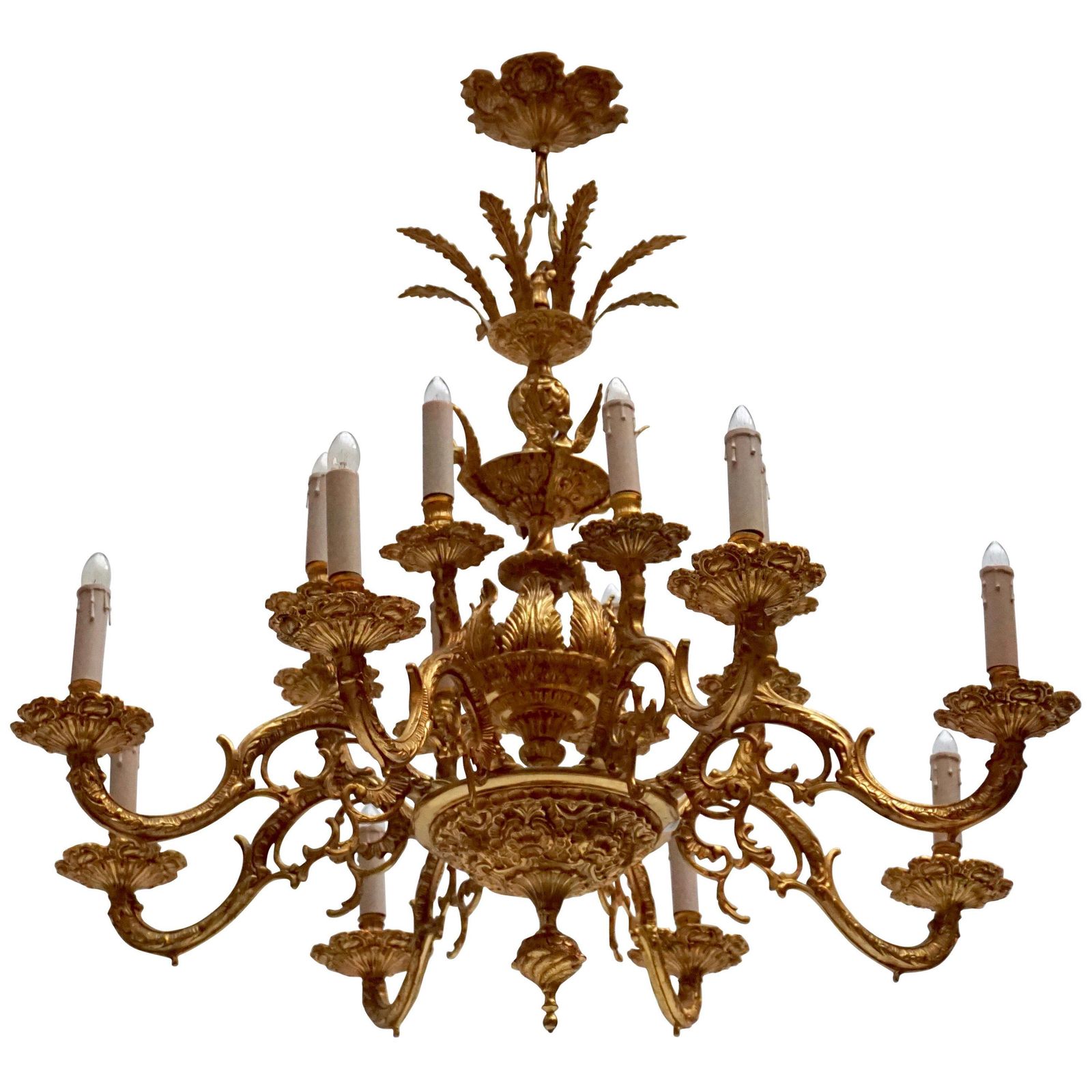 Two Italian Gilt Metal Sixteen Light Chandelier With Winged Figures