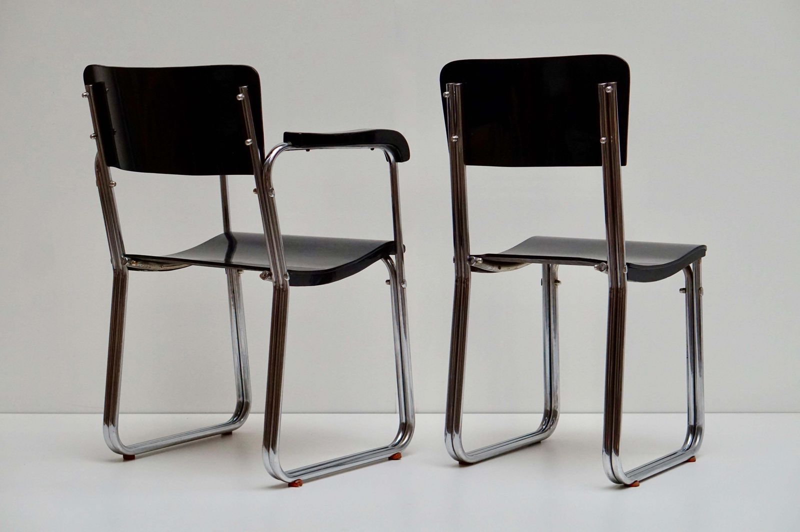 Set Of Six Chic Ebonized Modernist Chroom Bauhaus Chairs photo vinterior