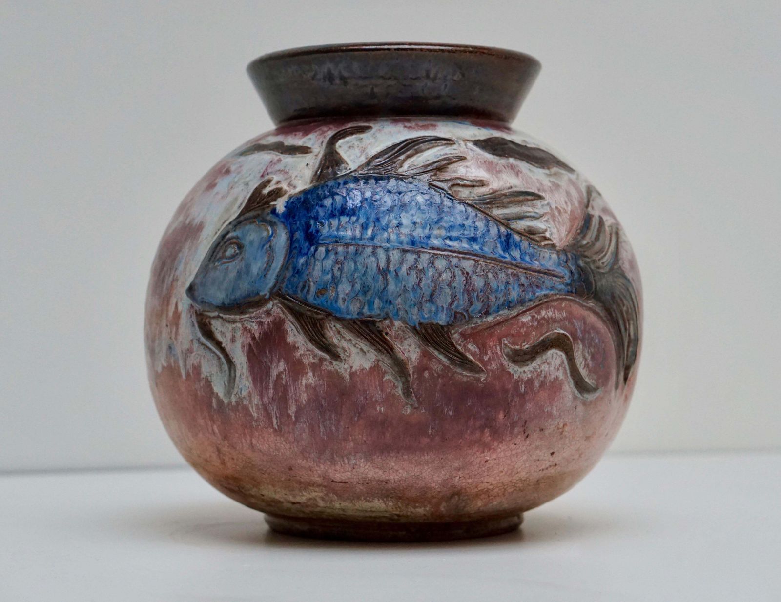 Large Ceramic Vase With Fish Decor, Belgium, Circa 1930s photo buy