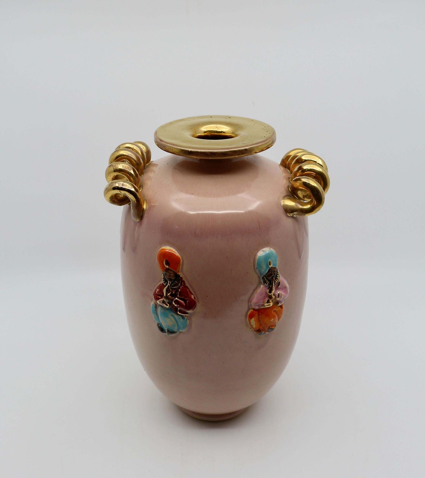 Art Deco Vase, Peach And Gold With Oriental Figures, 1940s photo for sale