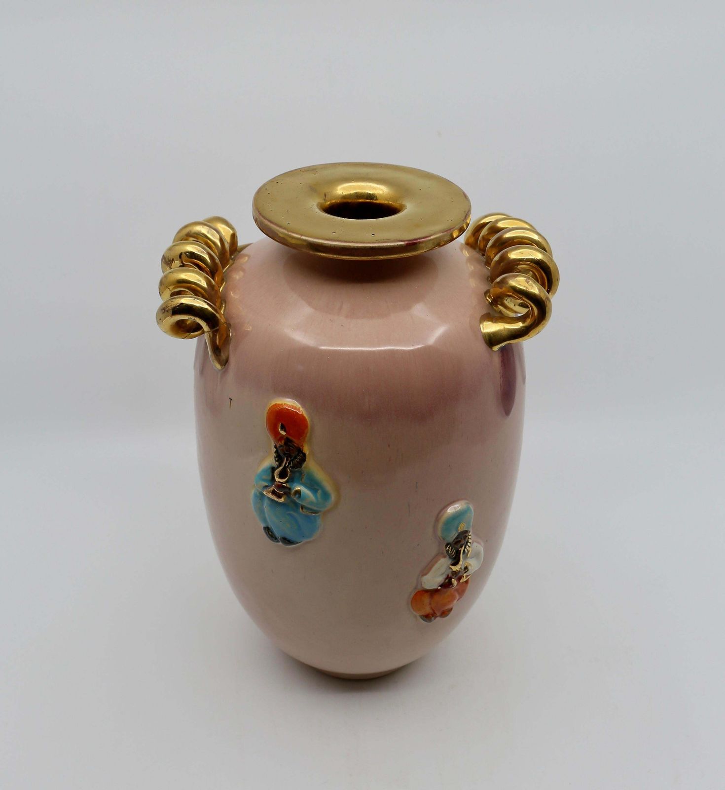 photo for sale Art Deco Vase, Peach And Gold With Oriental Figures, 1940s