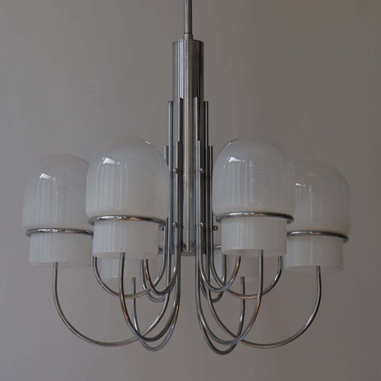 Italian Six Arched Arm Chrome And Milk Glass Chandelier, Circa 1960s photo for sale