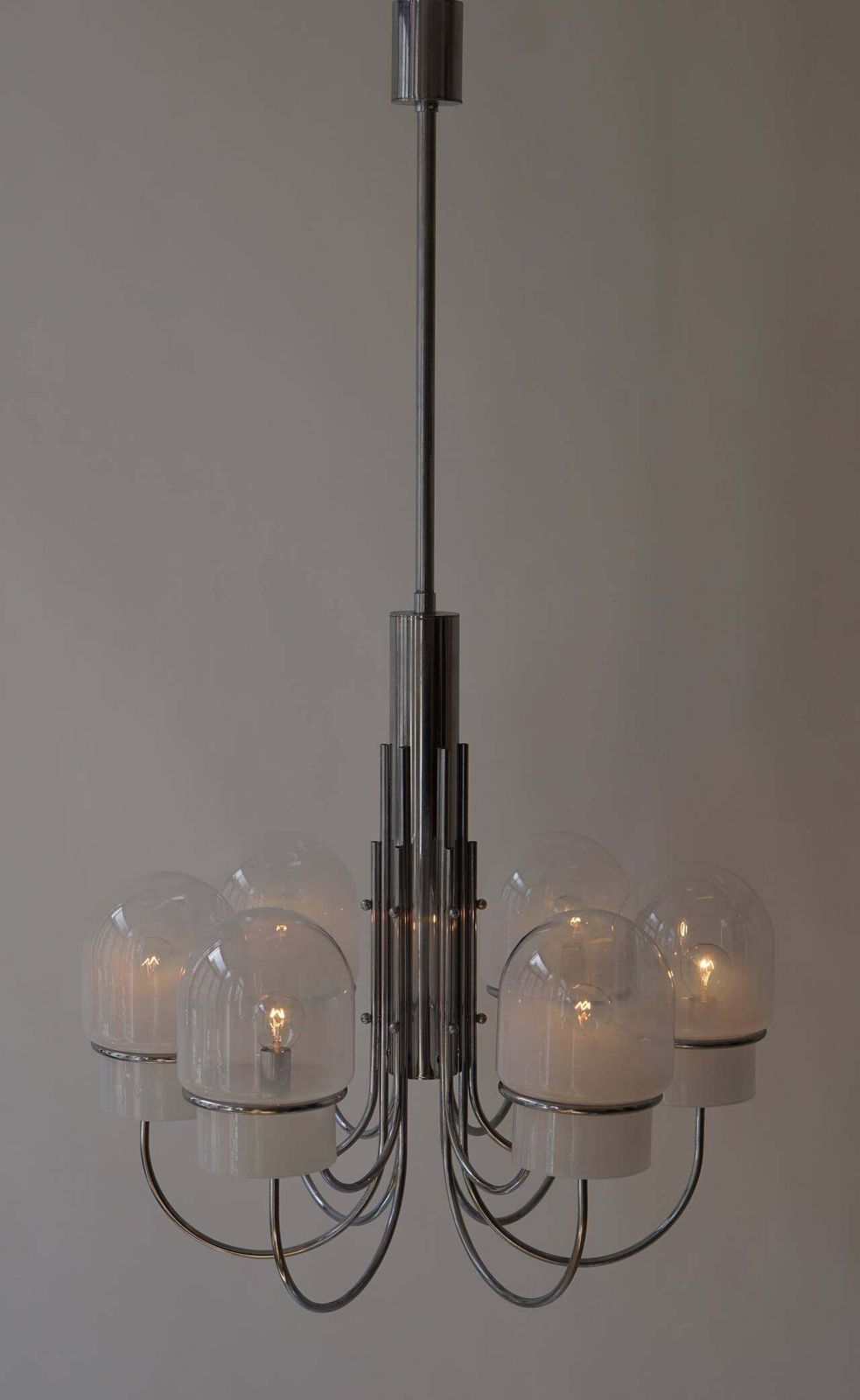 photo furniture Italian Six Arched Arm Chrome And Milk Glass Chandelier, Circa 1960s