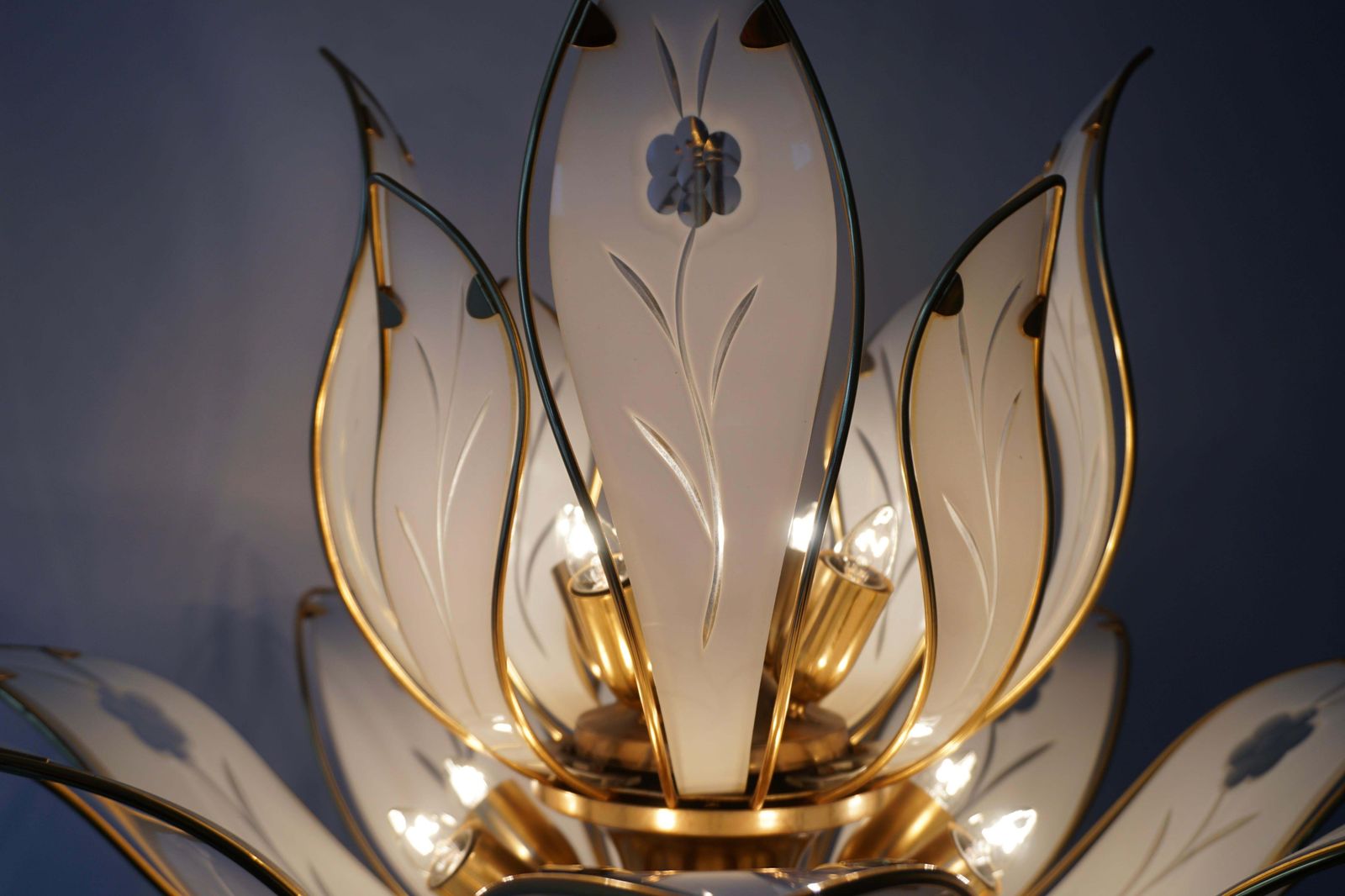 Lighting Two Lotus Chandeliers In Brass And White Murano Glass In Franco Luce Style photo