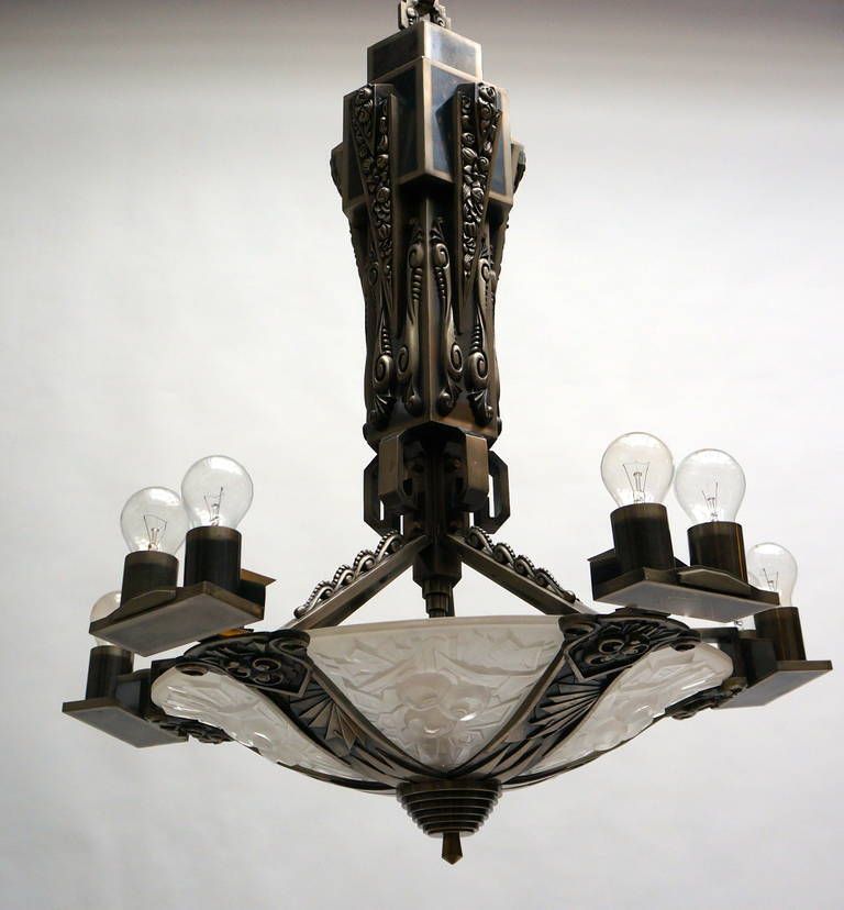 Large Silvered Bronze And Glass Art Deco Chandelier photo for sale