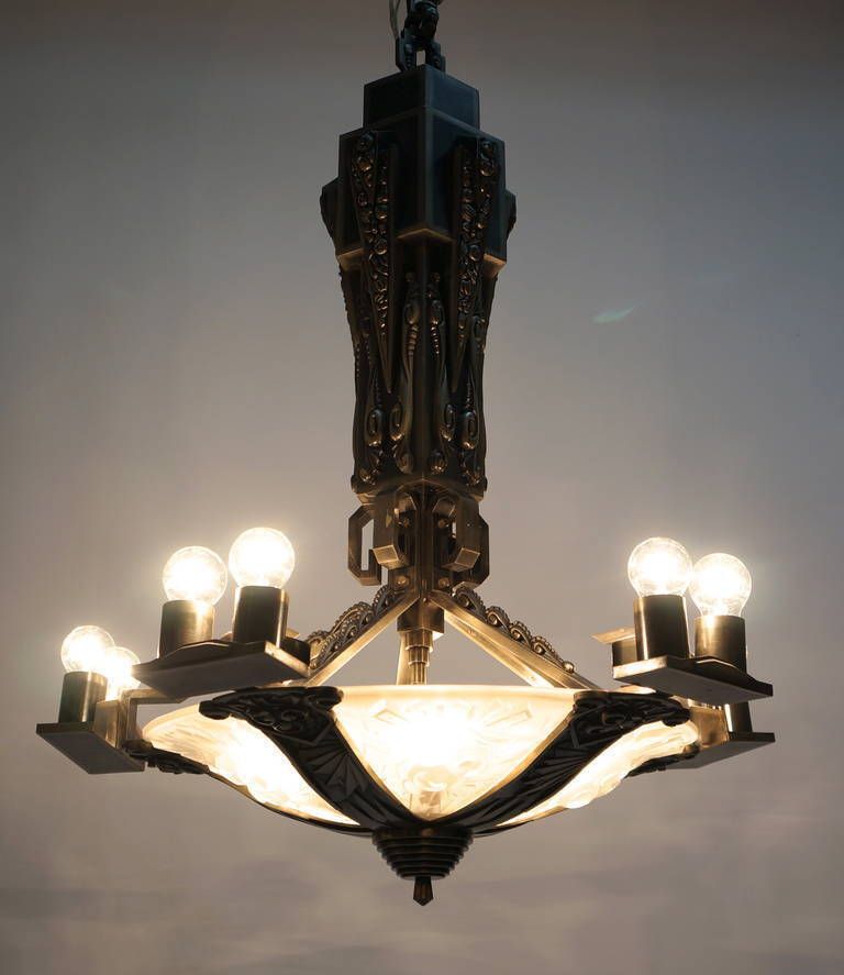 Large Silvered Bronze And Glass Art Deco Chandelier photo buy