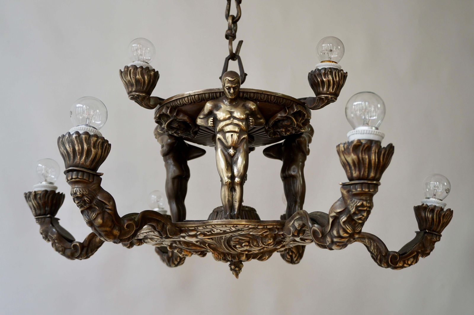 French Bronze Art Deco Hollywood Regency Chandelier Showing Male Nude Figures photo furniture