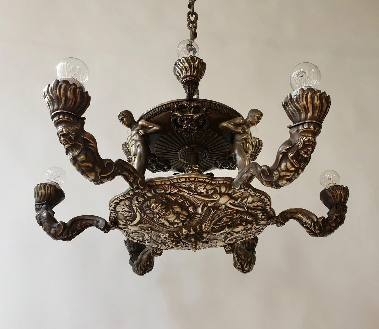 French Bronze Art Deco Hollywood Regency Chandelier Showing Male Nude Figures photo Lighting