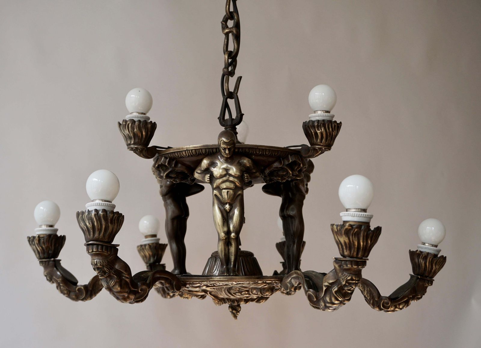 photo for sale French Bronze Art Deco Hollywood Regency Chandelier Showing Male Nude Figures
