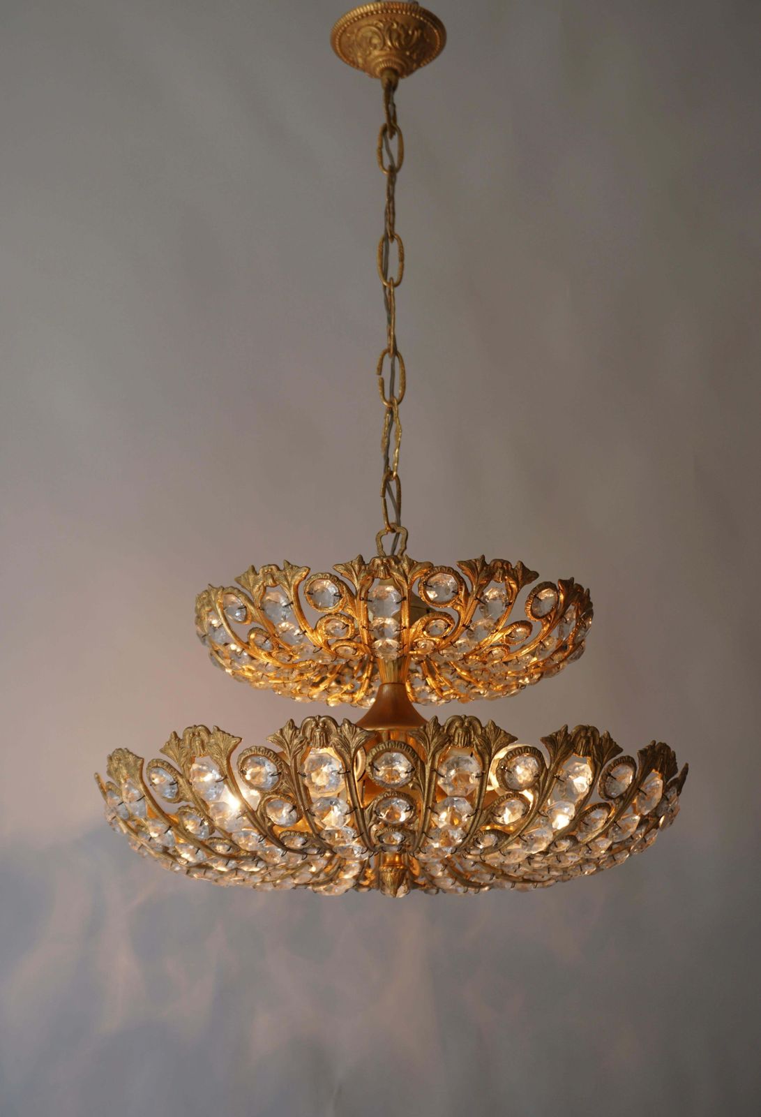 Spanish Brass And Crystal Chandelier By Ernest Palm For Palwa, 1970s photo furniture