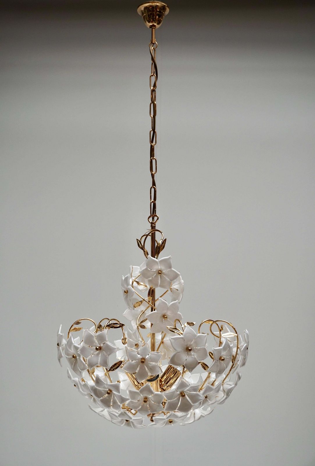 Three Italian Murano Glass Flower Bouquet Gilt Brass Chandeliers photo for sale