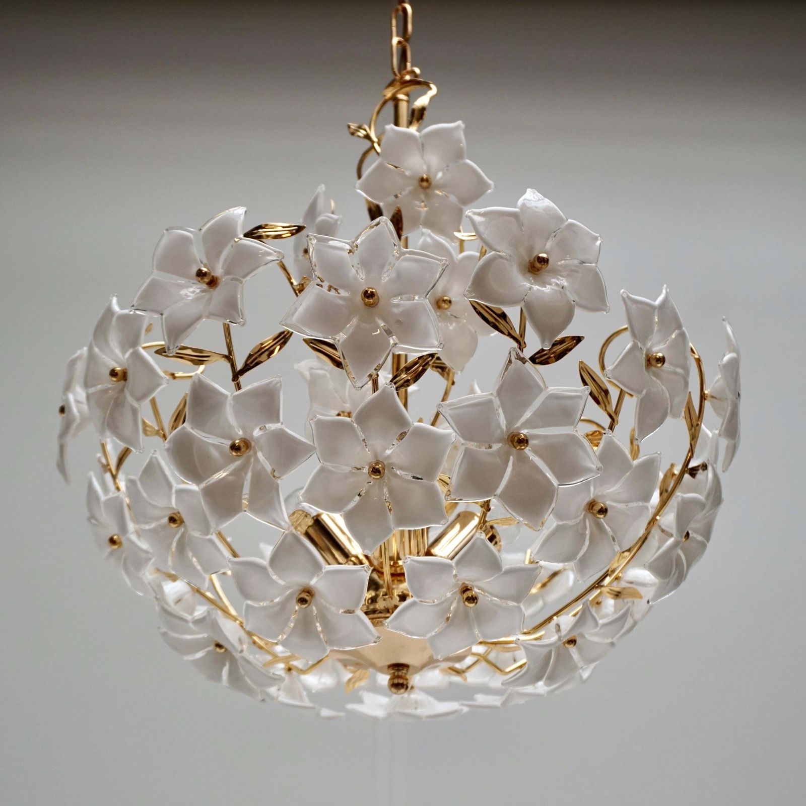 Three Italian Murano Glass Flower Bouquet Gilt Brass Chandeliers photo vinterior