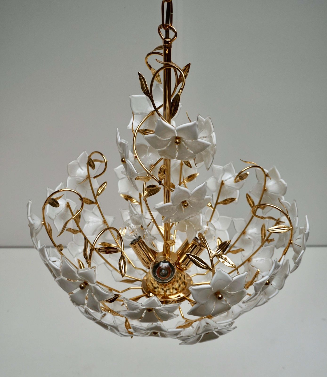 Three Italian Murano Glass Flower Bouquet Gilt Brass Chandeliers photo buy