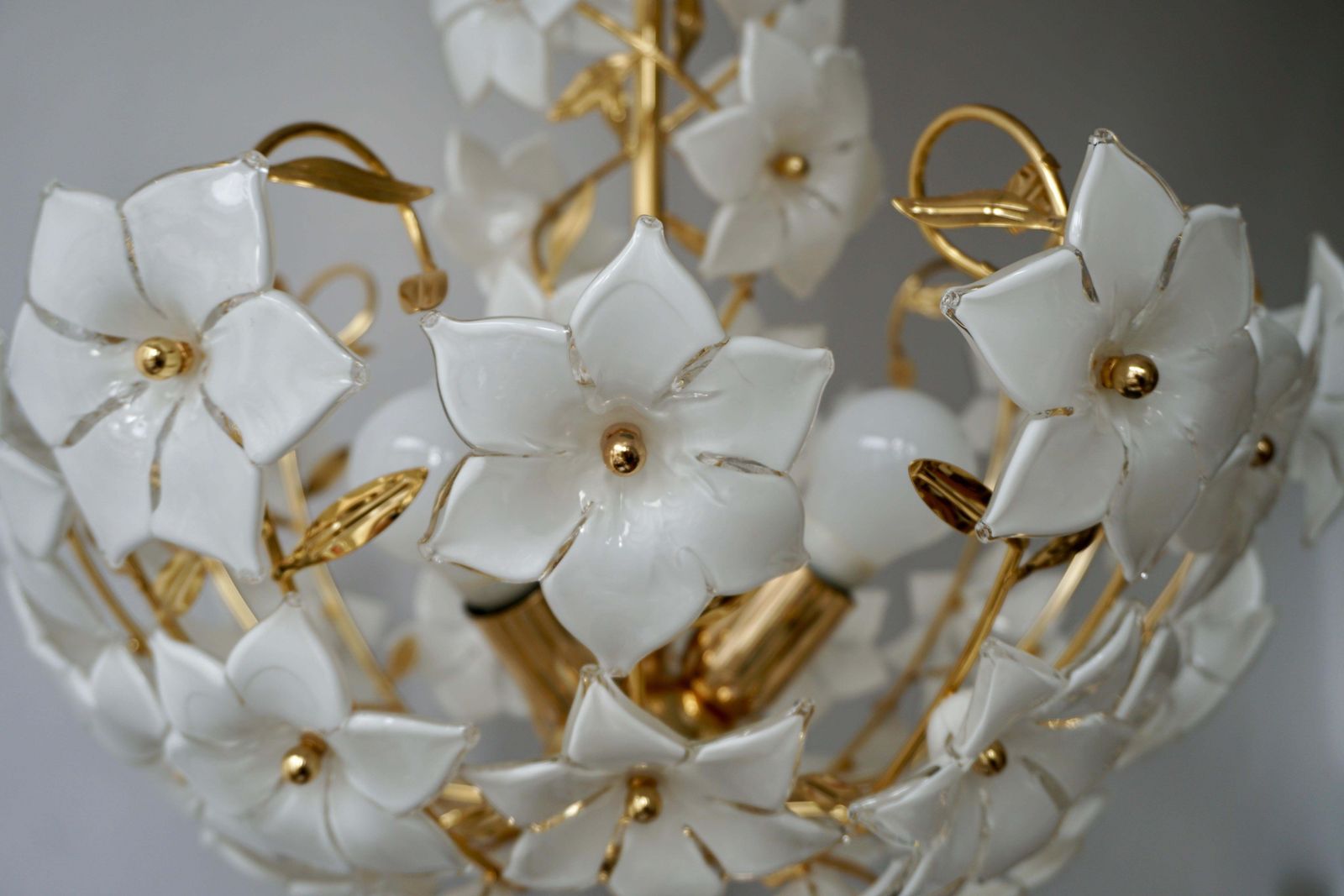 photo furniture Three Italian Murano Glass Flower Bouquet Gilt Brass Chandeliers