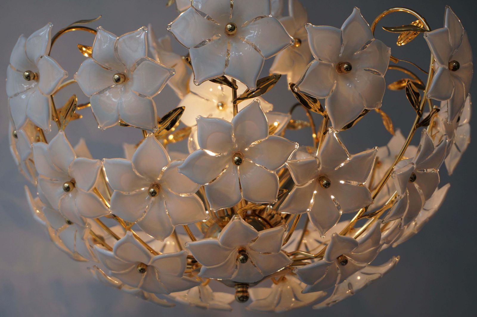 photo for sale Three Italian Murano Glass Flower Bouquet Gilt Brass Chandeliers