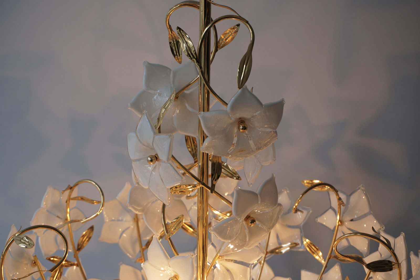 3229.0 Three Italian Murano Glass Flower Bouquet Gilt Brass Chandeliers photo