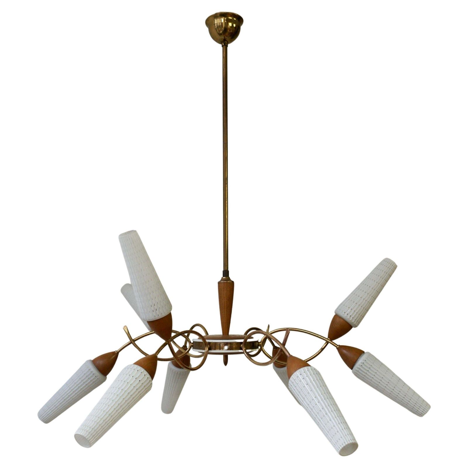 Stilnovo Style Teak And Opaline Glass Nine Arm Spider Chandelier photo furniture