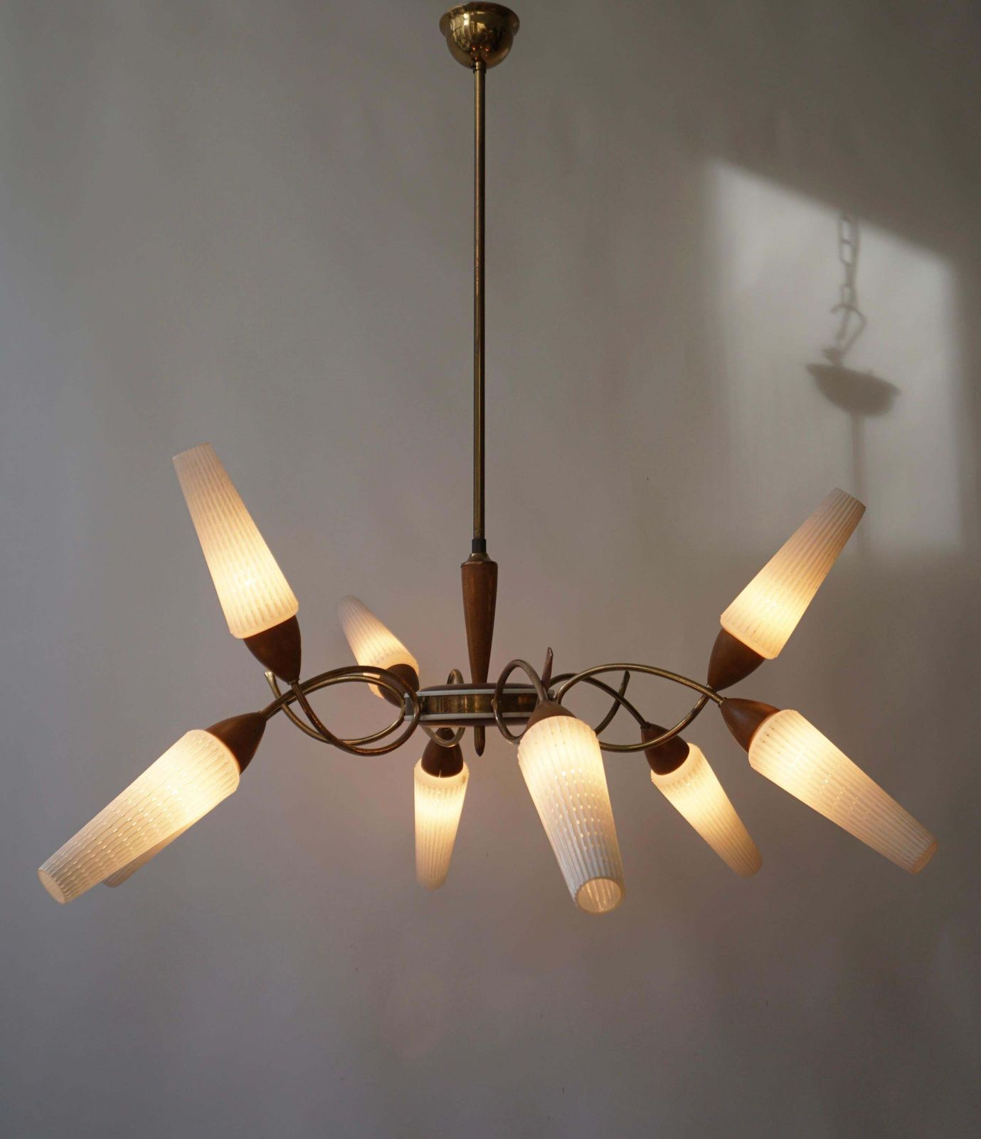 Stilnovo Style Teak And Opaline Glass Nine Arm Spider Chandelier photo for sale