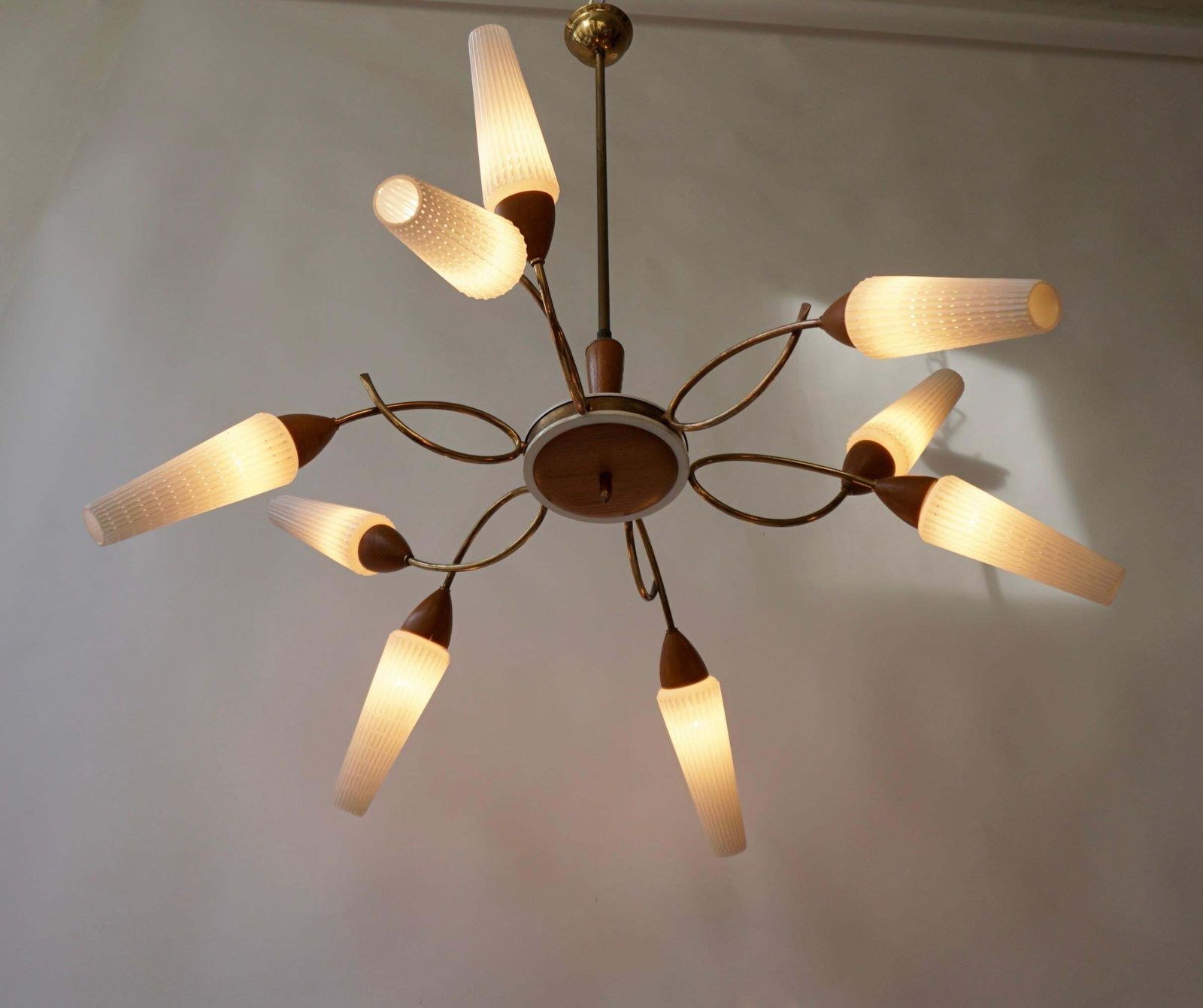 Stilnovo Style Teak And Opaline Glass Nine Arm Spider Chandelier photo 3357.0