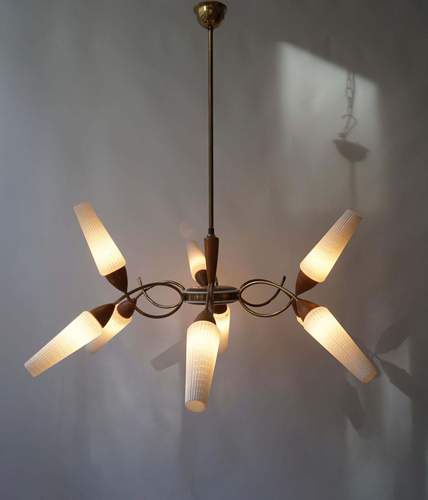 Stilnovo Style Teak And Opaline Glass Nine Arm Spider Chandelier photo vintage