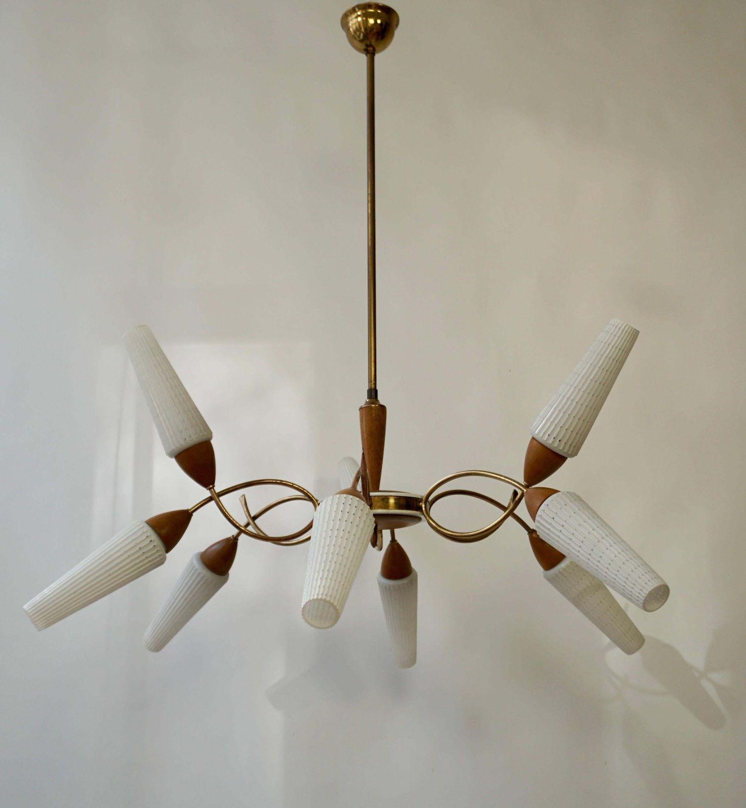 Lighting Stilnovo Style Teak And Opaline Glass Nine Arm Spider Chandelier photo