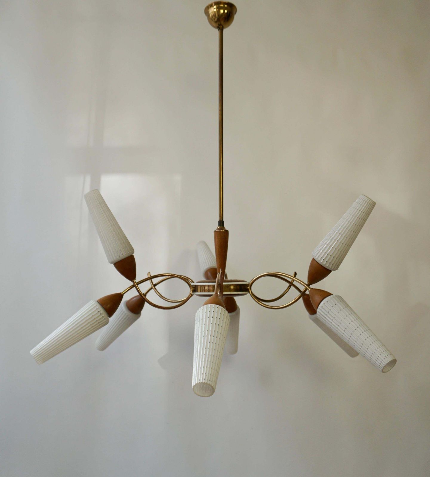 3357.0 Stilnovo Style Teak And Opaline Glass Nine Arm Spider Chandelier photo