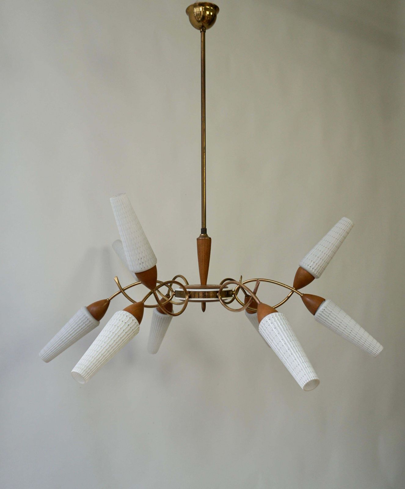 photo vinterior Stilnovo Style Teak And Opaline Glass Nine Arm Spider Chandelier