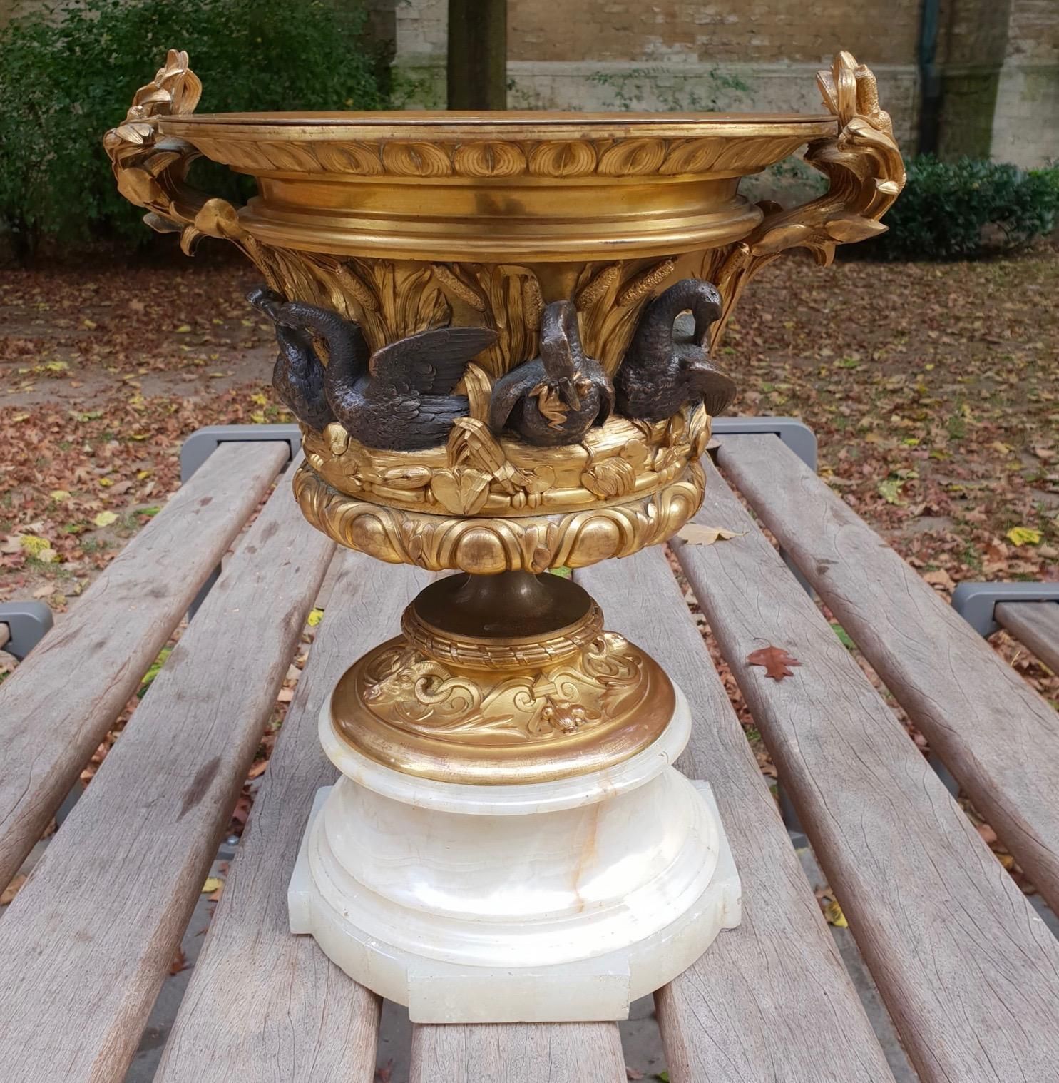 Exceptional Napoleon III Gilt Bronze And Onyx Swan Centerpiece Urn, France photo 9524.0