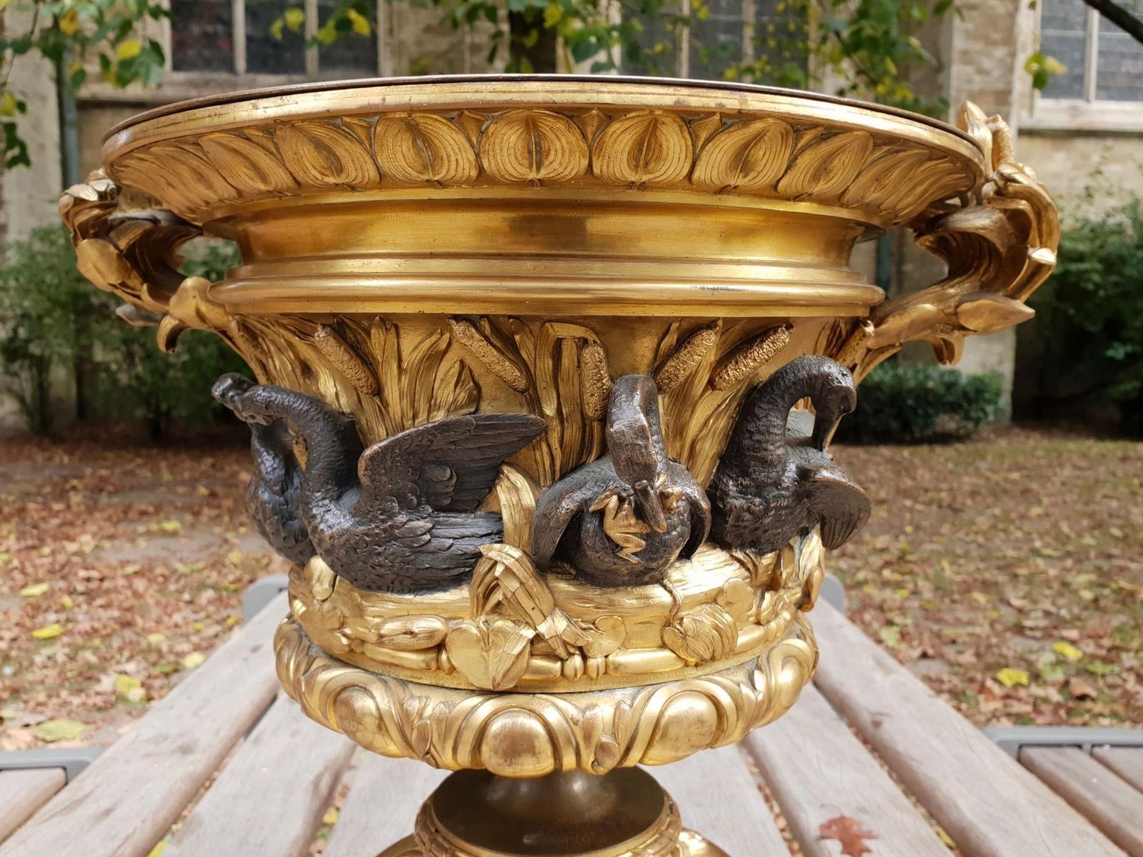 Exceptional Napoleon III Gilt Bronze And Onyx Swan Centerpiece Urn, France photo vinterior